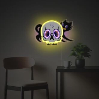 Add a hauntingly stylish touch to your home, bar, or Halloween party with Human Skull Head With Black Hat LED Neon Acrylic Artwork.