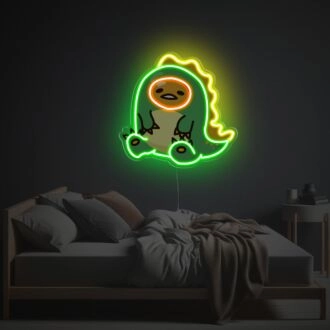 Bereichern Sie Ihr Zuhause, Büro und Abendveranstaltungen mit dem lebendigen Sitting Yolk Man In Dinosaur Suit LED Neon Acrylkunstwerk.