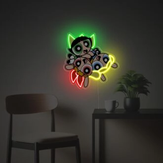 Bringen Sie Cartoon-Nostalgie in das Schlafzimmer oder die Geburtstagsparty Ihres Kindes mit den Powerpuff Girls LED Neon Acryl Kunstwerk.