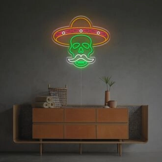 Celebrate with Vibrant Style: Skull In Sombrero For Day Of The Dead LED Neon Sign for Festive Home Decor, Bars, and Cultural Events.