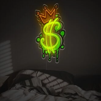 Elevate your space from home offices to bars with the eye-catching Dollar Sign With Crown LED Neon Acrylic Artwork.