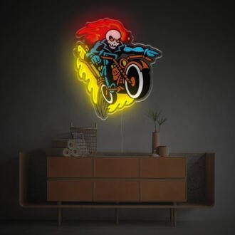 Rev Up Your Space: Flaming Death With Motorcycle LED Neon Acrylic Artwork for Bars, Man Caves, and Motorcycle Shops