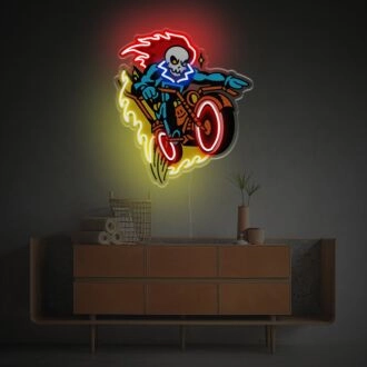 Elevate Your Bar, Man Cave, or Motorcycle Shop Ambiance with Grim Reaper Driving Heavy Motorcycle LED Neon Acrylic Artwork.
