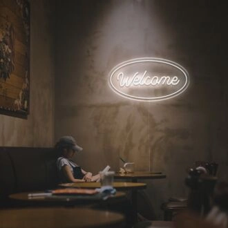Brighten Your Entrance: Welcome With Oval LED Neon Sign for Home, Office, or Retail Store Decor.