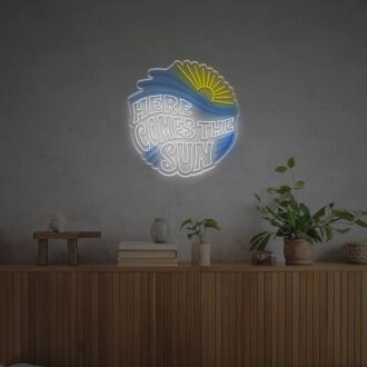 Brighten Your Beach House, Bar, or Wedding Venue with the "Here Comes The Sun With Wave" LED Neon Sign.