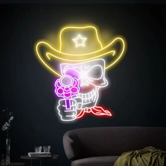 Verwandeln Sie Ihr Spielzimmer, Bar oder Männerhöhle mit dem Cowboy-Schädel-Neonschild Schädel und Revolver Neonlichter Dekor.