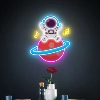Enhance Your Space with Music Astronauts Sitting On Planet Led UV Neon Sign - Perfect for Home Decor, Bars, and Party Vibes