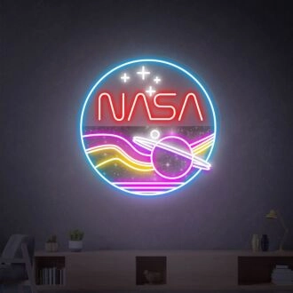 Brighten Up Your Space: Nasa Round Handcrafted Led Neon Sign, Perfect for Office Decor, Bars, Weddings, and Parties - An Amazing Unique Gift.