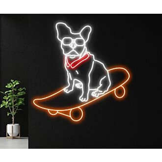 Beleuchten Sie Ihre Bar, Ihr Zuhause oder Ihren Skate-Shop mit dem verspielten süßen Hunde-Skateboarder LED-Schild Bulldoggen-LED-Neonschild.