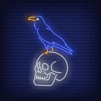 Crow Sitting Human Skull Neon Sign