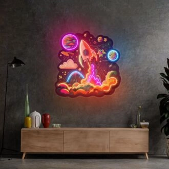 Rocket Launching Into Galaxy Led Neon Sign Light Pop Art