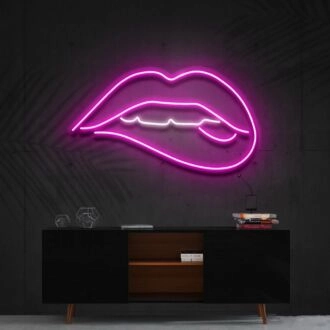 Lippen beißen weißes Neonzeichen für moderne und mutige Räume.