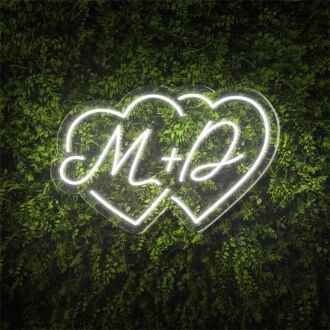 Add a Romantic Glow to Your Wedding, Anniversary, or Bedroom with the Couple Initials Heart Shapes M D Personalized LED Neon Sign.