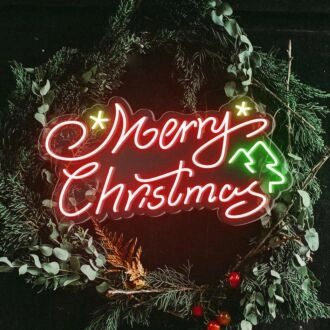 Brighten Your Holiday Celebrations at Home, Office, or Store with the Cheerful Merry Christmas Words Stars Trees Neon Sign.