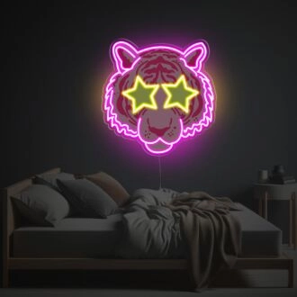 Brighten Up Your Space: Pinky Tiger With Star Eyes LED Neon Acrylic Artwork for Bars, Events, and Chic Home Decor.