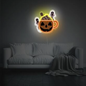 Brighten Up Your Halloween Festivities: Punkin Mug With Ghosts LED Neon Acrylic Artwork for Home Decor, Office, and Spooky Season Gatherings.