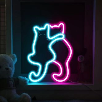 Two Ice Blue and Dark Pink Cats Snuggling Neon Sign Cute Decor