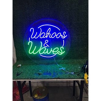 Brighten Up Your Bar, Surf Shop, or Beach House with the Wahoos And Waves Custom Logo LED Neon Sign.