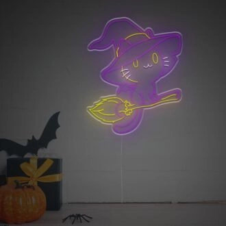 Light Up Your Nights with Witch Cat Rides Broom LED Neon Sign - Perfect for Halloween Decor, Themed Parties, and Witchcraft Boutiques.