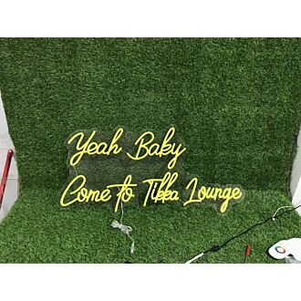 Brighten Up Your Bar, Restaurant, or Home Party Ambiance with the Yeah Baby Come To Tikka Lounge Yellow LED Neon Sign.