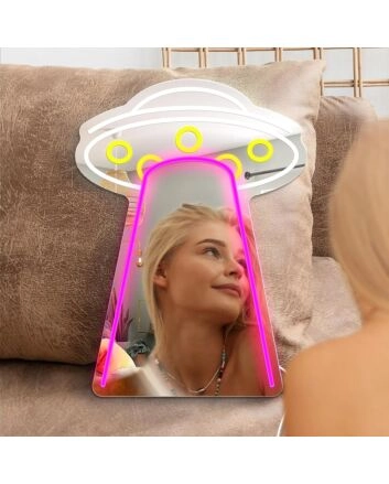 Transform your space into a vibrant haven for parties, weddings, and cozy evenings with the Cosmic Frisbee Styling Neon Mirror Sign.