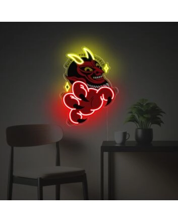 Transform Your Space: Red Evil With Yellow Corns LED Neon Acrylic Artwork for Bars, Gaming Rooms, and Eclectic Home Decor.