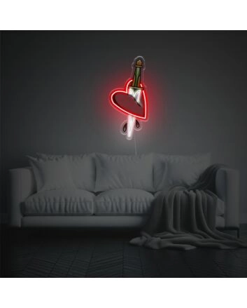 Add a Romantic Glow to Your Bedroom or Create the Perfect Atmosphere for Valentine's Day and Anniversaries with Red Heart Pierced By A Knife LED Neon Acrylic Artwork.