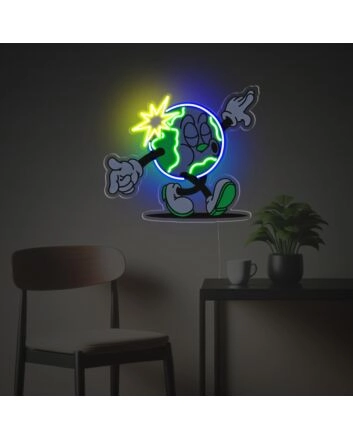 Brighten Up Your Space: Whistling Earth Guy LED Neon Acrylic Artwork Ideal for Office, Bar, and Home Décor.