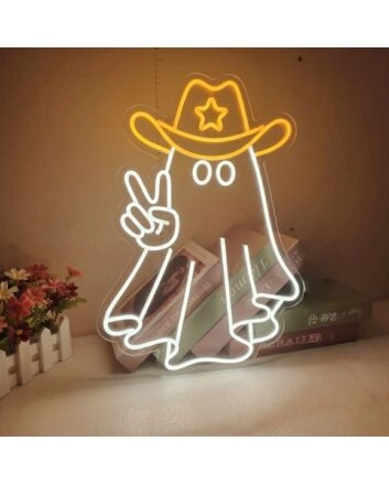 Elevate Your Halloween Ambiance: Perfect for Home Decor, Theme Parties, and Bars - Halloween Ghost With Cowboy Hat With Star LED Neon Sign.