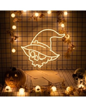 Add a Spooky Glow to Your Halloween Celebrations and Themed Parties with the Halloween Skull Head With Magic Hat LED Neon Sign.