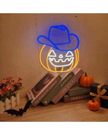 Brighten Your Halloween Festivities and Theme Parties with the Halloween Smiling Pumpkin With Cowboy Hat LED Neon Sign.