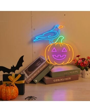 Brighten Up Your Halloween Festivities and Home Decor with the Helloween Pumpkin With Blue Crow LED Neon Sign