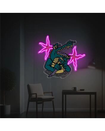 Elevate Your Bar, Game Room, or Party Ambiance with the Crocodile With Knife LED Neon Acrylic Artwork