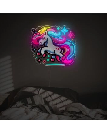 Brighten up your child's bedroom or add a whimsical touch to birthday celebrations with Cute Cartoon Unicorn Running LED Neon Acrylic Artwork.