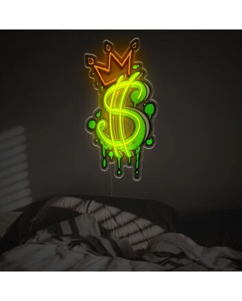 Elevate your space from home offices to bars with the eye-catching Dollar Sign With Crown LED Neon Acrylic Artwork.