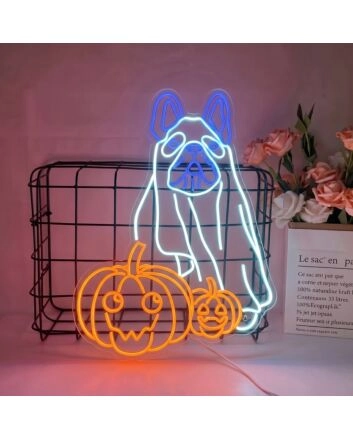 Brighten Up Your Home, Bar, or Halloween Bash with the French Bulldog Ghost With Pumpkin LED Neon Sign.