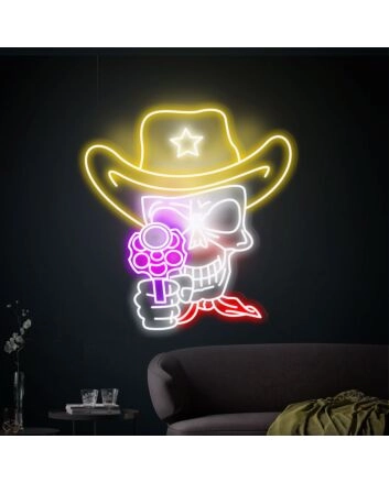 Transform Your Game Room, Bar, or Man Cave with the Cowboy Skull Neon Sign Skull And Revolver Neon Lights Decor.