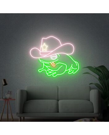 Bring a Whimsical Western Vibe to Your Space with Frog In Cowboy Hat Led Neon Sign Wall Decor - Perfect for Bars, Playrooms, or Themed Parties.