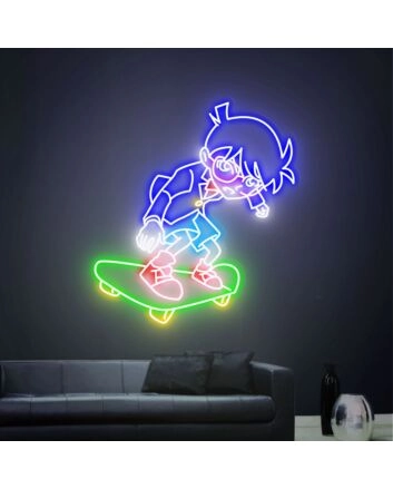 Brighten Your Detective-themed Party or Anime Corner with our Detective Conan Led Neon Sign Conan On Skateboard Custom Neon Sign Art.