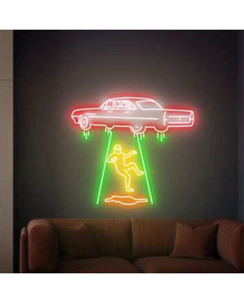 Elevate Your Space with Adventure: Perfect for Kids&#039; Rooms, Themed Parties, and Sci-Fi Bars - Flying Car Led Neon Sign Kidnapping Alien Neon Light Sign