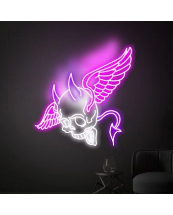 Brighten Up Your Space: Skull Head With Wings Neon Lights Sign Handmade Artwork - Perfect for Home Decor, Bars, and Edgy Office Settings.