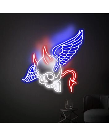 Brighten Up Your Space: Skull Head With Wings Neon Lights Sign Handmade Artwork - Perfect for Home Decor, Bars, and Edgy Office Settings.