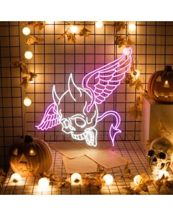 Brighten Up Your Space: Skull Head With Wings Neon Lights Sign Handmade Artwork - Perfect for Home Decor, Bars, and Edgy Office Settings.