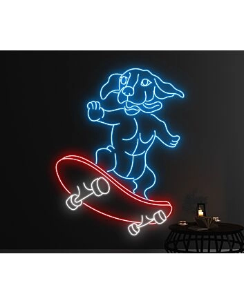 Brighten Your Space: Cool Dachshund Skateboarding Led Neon Sign, Perfect for Home Decor, Bars, and Pet-Friendly Cafes.