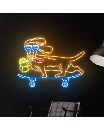 Brighten Up Your Home, Office, or Bar: Cute Dog Skateboarder Led Sign Cool Dachshund Neon Light for Stylish Room and Club Decor