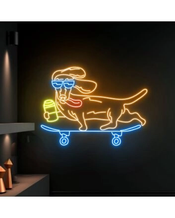 Brighten Up Your Home, Office, or Bar: Cute Dog Skateboarder Led Sign Cool Dachshund Neon Light for Stylish Room and Club Decor