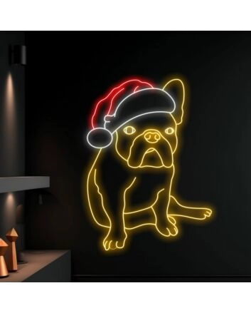 Brighten Your Holiday Celebrations and Decor with the France Bulldog Christmas Hat LED Neon Sign - Perfect for Home, Office, and Christmas Parties