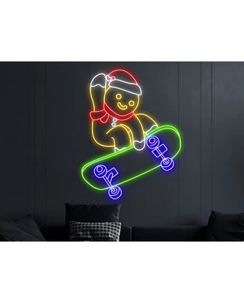 Brighten Up Your Holidays: Perfect for Christmas Decor, Parties, and Kids Rooms - Gingerbread Man Skateboarding Led Neon Sign.