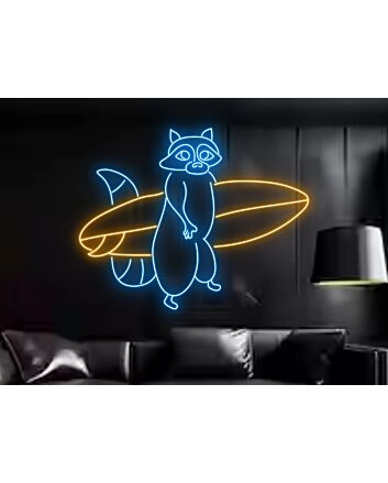 Raccoon Hold Surfboard Led Neon Sign
