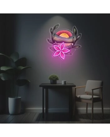 Sunset With Pink Flower LED Neon Acrylic Artwork